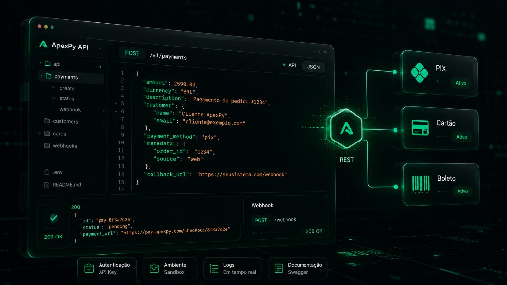 Snippet de código de uma cobrança PIX via API REST