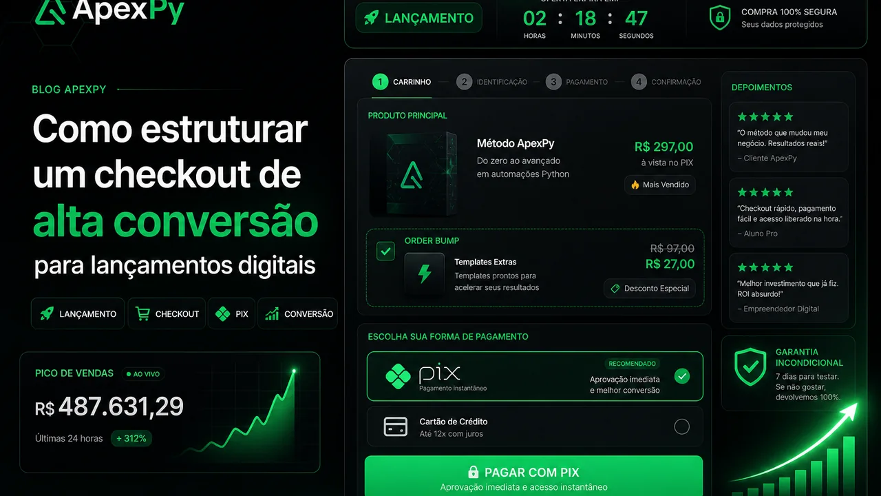 Checkout de lançamento digital com alto volume e conversão
