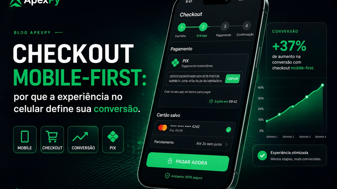 Checkout mobile com pix e gráfico de conversão