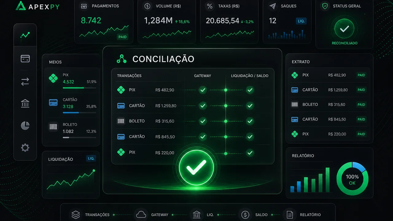 Dashboard financeiro ApexPy conciliando transações, taxas e liquidação
