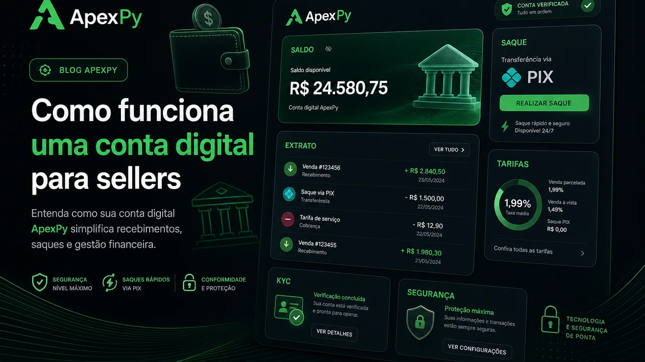 Painel de conta digital para sellers com saldo e saque pix