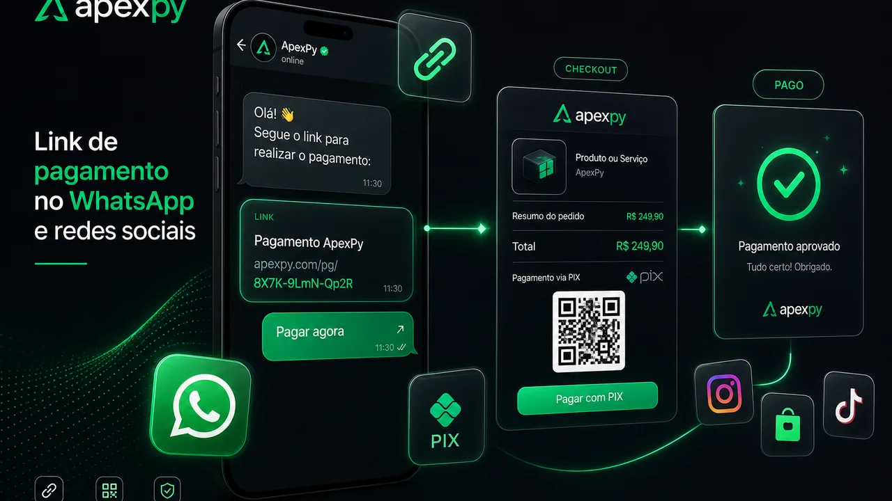 Fluxo de link de pagamento via WhatsApp chegando ao checkout ApexPy