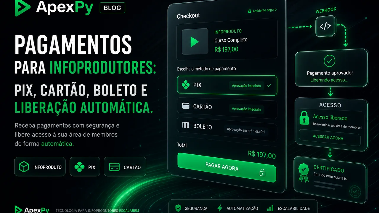 Checkout para infoprodutos com pix cartao boleto e webhook