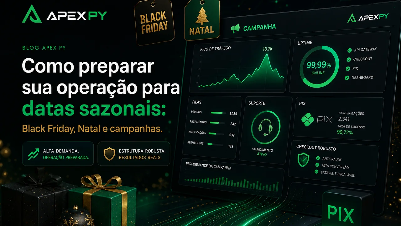 Painel de campanha sazonal com uptime e pix em escala
