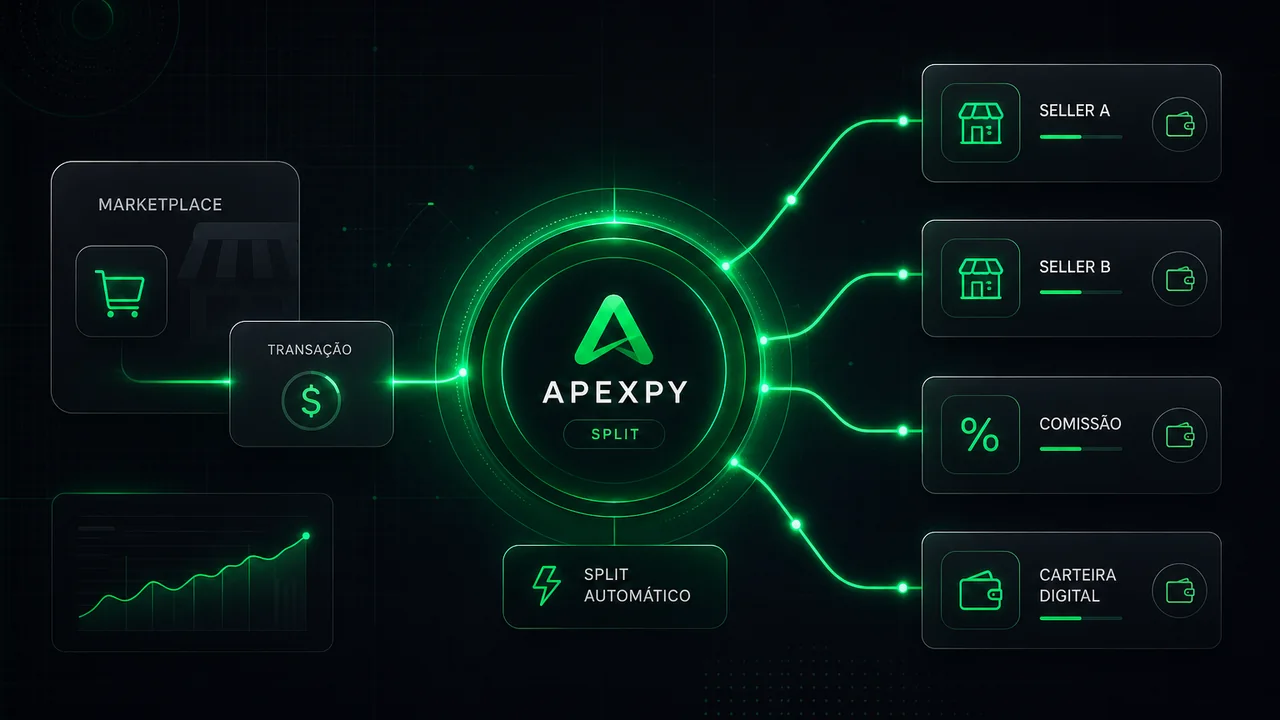Hub ApexPy dividindo uma transação entre sellers, comissão e carteira digital